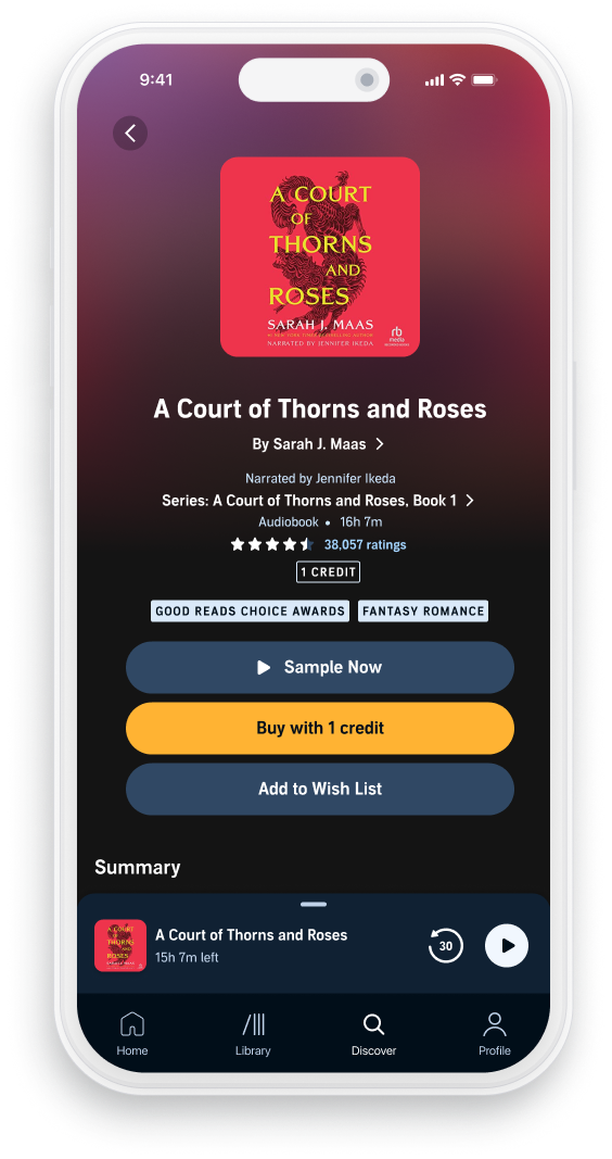 Audible product detail page for A Court of Thorns and Roses, with Sample, Buy, and Wish List actions