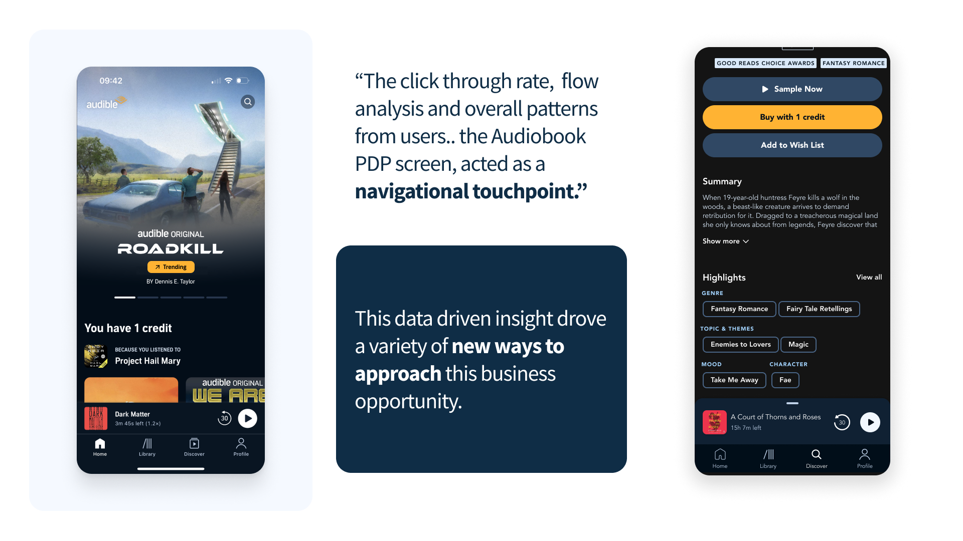 An Audible Original title screen, a pull-quote on the PDP as a navigational touchpoint, and the expanded Highlights panel
