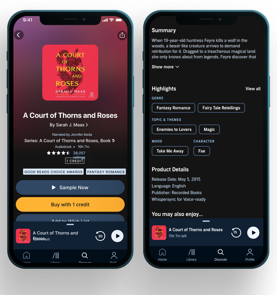 A Court of Thorns and Roses product detail page with Summary and Highlights metadata panel
