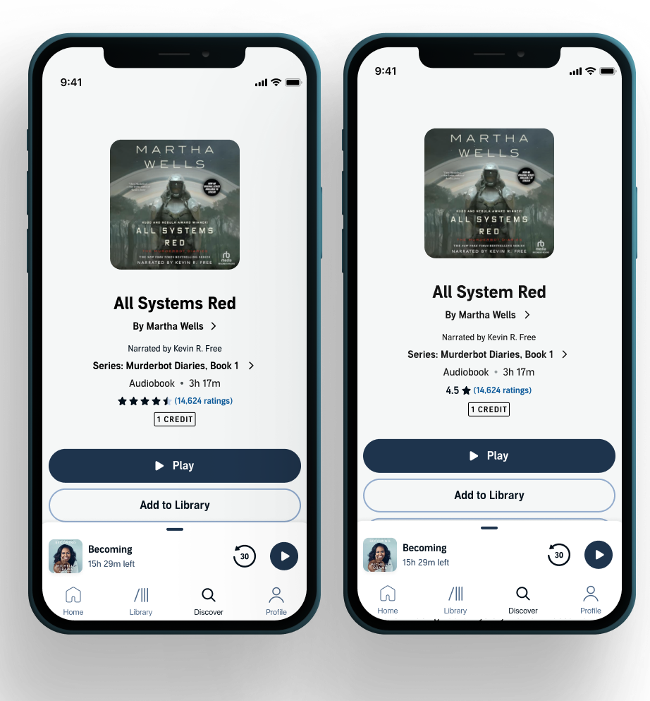 All Systems Red star rating UAT test variants — control vs. decimal rating display