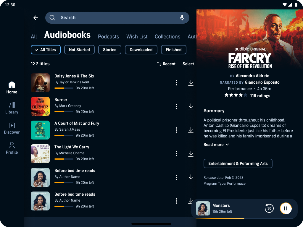 Audible product screens