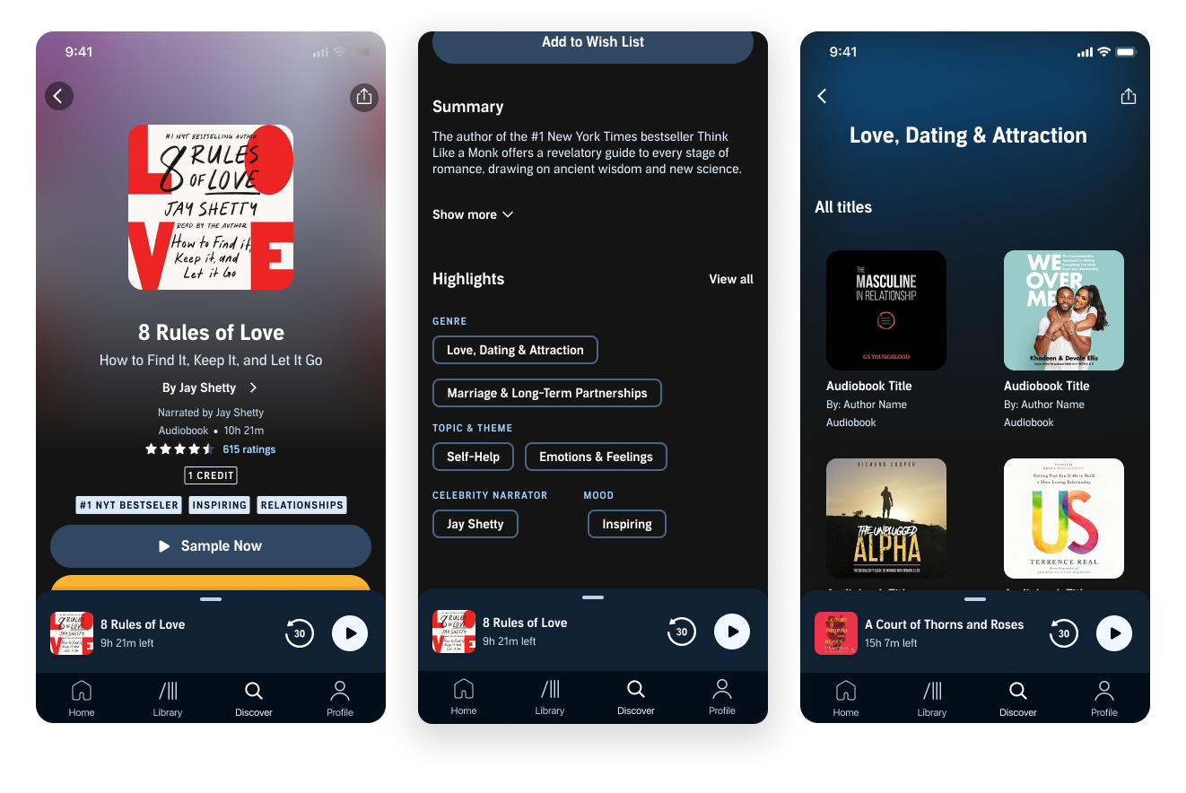 Highlights tags expanded by genre, topic, mood, and narrator, plus a related-title recommendation carousel