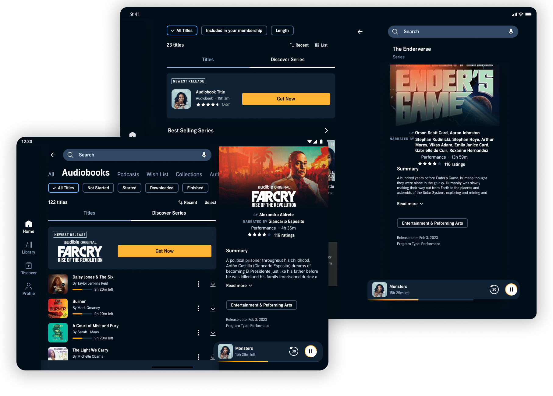 Discovery and browsing screens across Titles, Search, series detail, and title detail pages